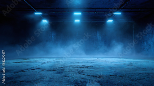 An empty concrete room lit with blue lights, shrouded in a smoky atmosphere, the scene is atmospheric and mysterious