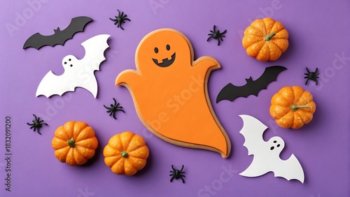 Festive halloween flat lay with orange ghost cookie mini pumpkins and paper bats on purple background