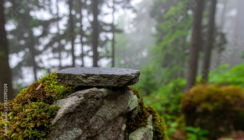 A natural stone pedestal covered in moss sits atop a mossy rock formation in a misty atmospheric forest setting