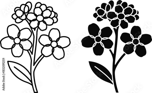 Vactor Black and white outline and silhouette of forget me not flowers on stems floral