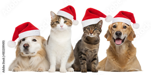 Cute group of cats and dogs wearing red Santa hats, sitting together and looking at the camera. Festive Christmas pets isolated on a clean white background. Perfect for holiday cards, winter promotion