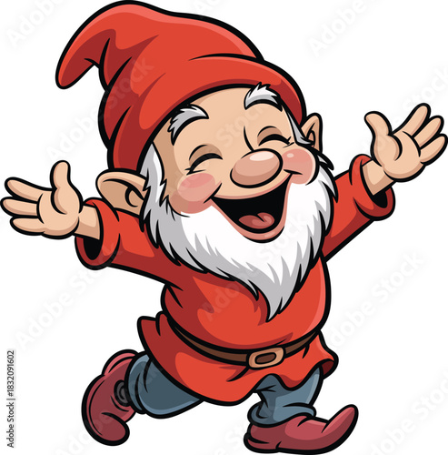 Joyful Cartoon Gnome with Red Hat and Outstretched Arms in Vibrant Illustration