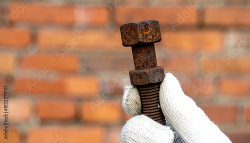 Close up of a heavily rusted bolt and nut held in a gloved hand against a blurred brick wall background