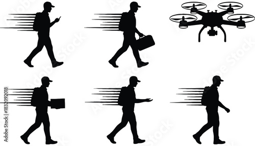 Delivery services silhouette with drone and walking couriers