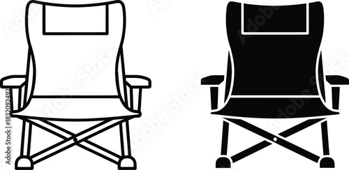 Vactor Black and white outline and solid silhouette of a folding camping chair folding chair