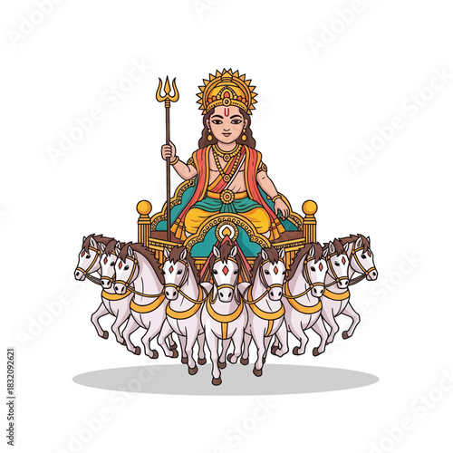 Illustrative depiction of Surya, the Hindu sun god riding chariot pulled by horses, radiant and vibrant for festive designs and cultural projects