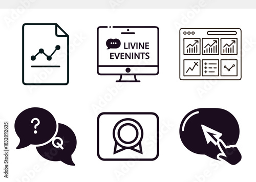 Business and communication icon set data analysis, live events, dashboards, qa, achievement, and interaction symbols for digital platforms