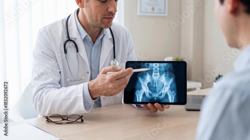 Doctor explaining hip X-ray on digital tablet to a patient during medical consultation in clinic office.