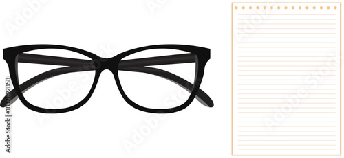 A pair of black-framed reading glasses is placed next to a blank lined notepad, symbolizing focus, education, and organized thought. Perfect for business, study, and planning.