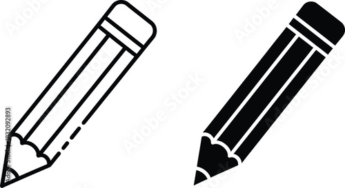 Vactor Black and white outline and solid silhouette of a graphite pencil with eraser