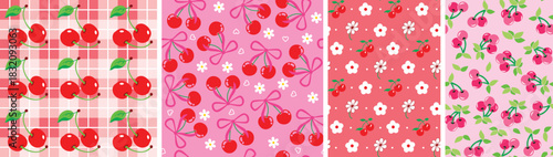 Cute cherry seamless pattern set of four vector design for T-shirt, wrapping paper, digital printing, wallpaper, rotary print.