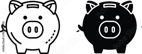 Vactor Black and white piggy bank icons with coin slot and snout details outline silhouette