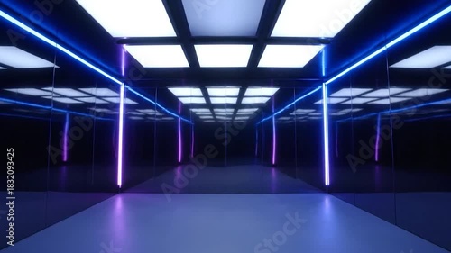 Hallway with mirrored walls, blue/purple lighting, grid ceiling