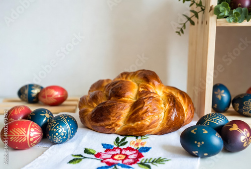 A warm still life featuring a glossy braided challah loaf surrounded by decorated Easter eggs on a floral embroidered cloth. Perfect for home baking, holiday celebration, and family moments.
