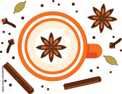 Flat Vector Collection of Essential Tea Time Elements Including Leaves, Teapot, Cup, and Tea Bags