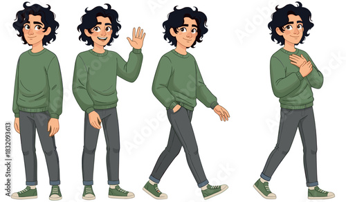Cartoon male character with curly hair: various poses and expressions