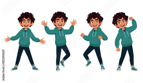 Animated young boy character with curly hair in various happy poses on white background