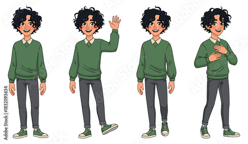 Animated caucasian male teen with curly hair in green sweater posing happily