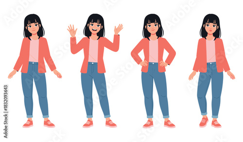 Asian young female character in various poses with different expressions