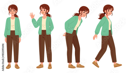 Asian female teen in green jacket showing various poses