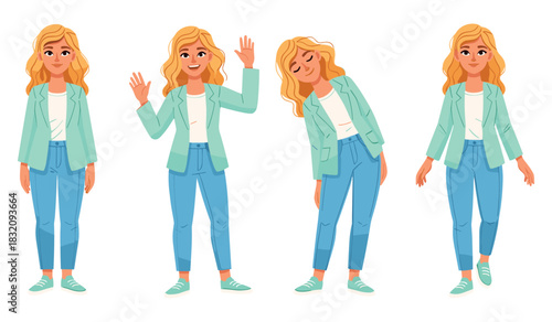 Blonde female character in blue blazer and jeans with various expressions and poses