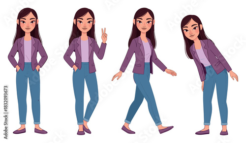 Asian young female character in various poses with long dark hair and casual outfit
