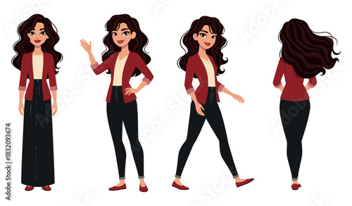Animated female character in red jacket with multiple poses