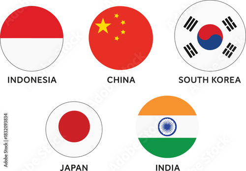 asian country flags round icon set for global education and decor
