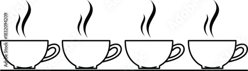 Minimalist Black and White Line Art Vector of Four Steaming Hot Coffee or Tea Cups