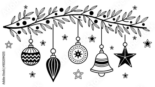 Christmas ornaments and stars hanging on a branch.