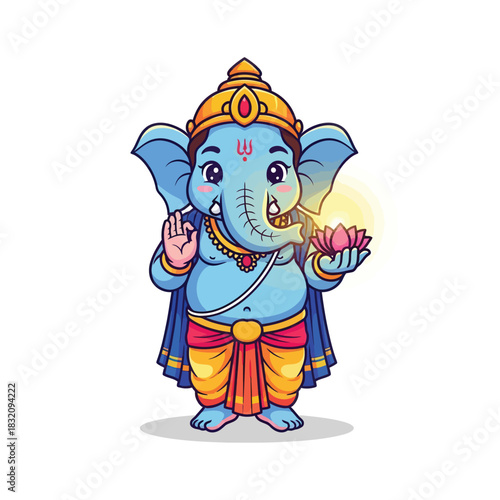 Adorable cartoon Ganesha blessing with lotus flower brings joy and prosperity for festive Indian celebrations and spiritual themes