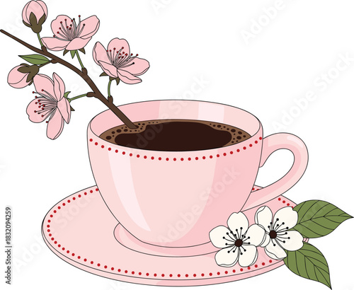 Elegant Pink Teacup Vector with Cherry Blossoms and Coffee for Spring, Cafe, and Romantic Design