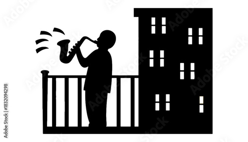 Silhouette of musician playing saxophone on balcony at night