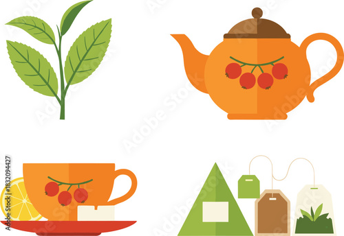 Flat Design Vector Collection of Tea Preparation Elements Including Teapot, Teacup, Leaf, and Tea Bags
