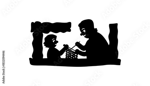 Shadow puppet show illustration with knitting and family time