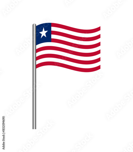 Vector illustration of Liberia flag waving on flagpole, isolated on white background. Perfect for design, educational, and patriotic projects