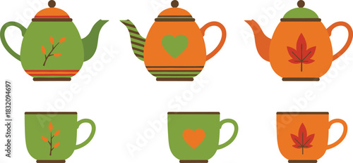 Cozy Autumn Tea Set Vector with Fall Leaves, Warm Colors, and Decorative Heart Motifs