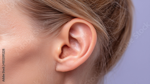 Close up of human ear with pale skin and light brown hair, showing detailed texture and slight dryness around helix, captured in soft lavender lighting for calm and natural mood