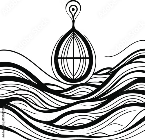 Single-stroke line art depicting a symbolic canoe shape merging with river waves, inspired by Tupi storytelling motifs, kept abstract and modern 2