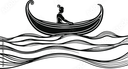Single-stroke line art depicting a symbolic canoe shape merging with river waves, inspired by Tupi storytelling motifs, kept abstract and modern 3
