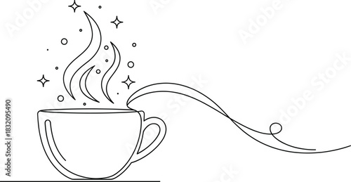 Continuous one line art drawing of a hot drink cup with steam and decorative sparkles for cafe branding