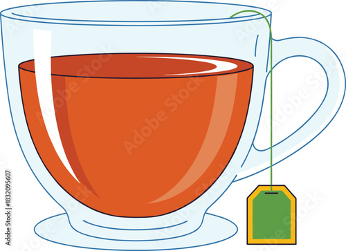 Simple vector illustration of a transparent glass mug filled with hot dark tea and a dangling teabag