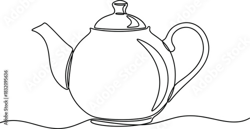 Continuous one line art drawing of a classic round ceramic teapot with lid and handle silhouette