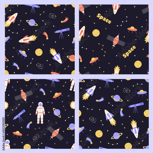 Set of seamless pattern of space cartoon elements rocket cosmonaut stars satellite telescope comet. Cosmic night background. Vector illustration for packaging, textiles.