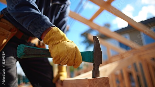 Carpenter hammering a wooden beam.
