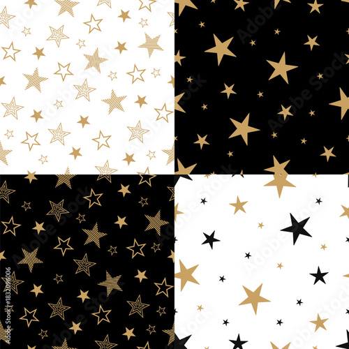 Set of seamless pattern of golden and black stars. Stylish background for holiday packaging, gifts and textiles. Vector illustration.