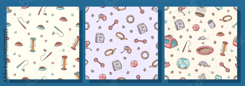 A set of seamless patterns for pet accessories. Vector background for packaging pet products, dog textiles. Illustration of a pet store and a veterinary clinic.