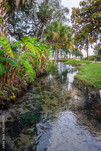 Green Cove Springs hydrological spring flows into the St. Johns River. Spring Park. 