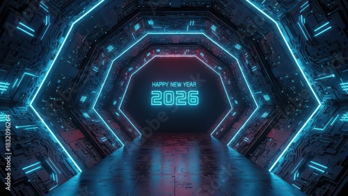 Fototapeta Naklejka Na Ścianę i Meble -  Futuristic neon tunnel with glowing blue and pink lights leading to a distant sign