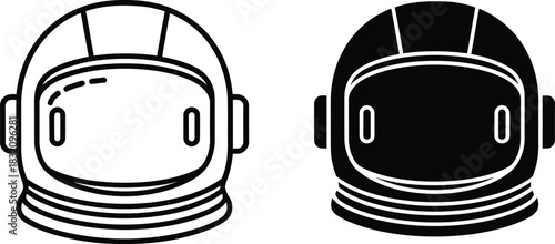 Two astronaut helmets one outlined in vactor black and white and one solid black space helmet
